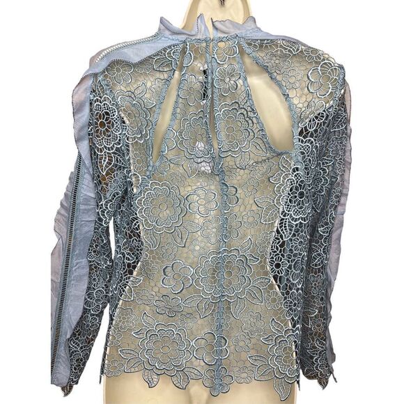 Self Portrait Cut Out Lace Floral Ruffle Top in Ice Blue NWT Size 6 - Picture 7 of 9